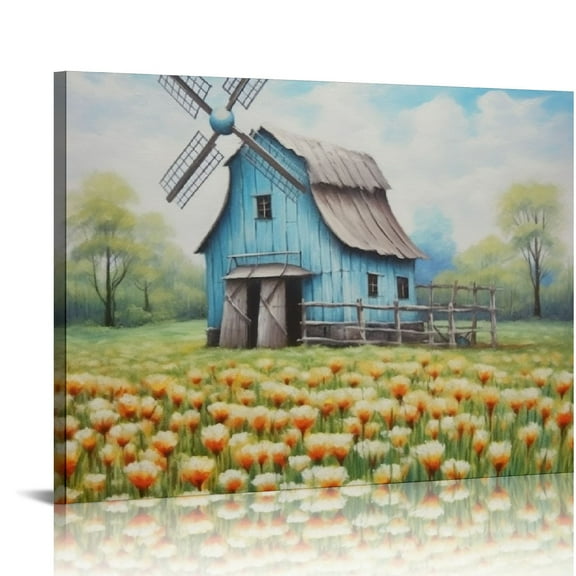 COMIO  Teal Barn Canvas Wall Art: Rustic Barn Bathroom Decor Old Barn Pictures Wall Art Framed for Farmhouse Bedroom Ready to Hang