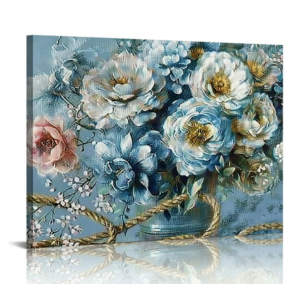 COMIO  Teal Flowers Canvas Wall Art Magnolia White Floral Picture Gold Textured Grey Blue Painting Turquoise Artwork Framed for Living Room Bedroom Bathroom Home Office Wall Decor