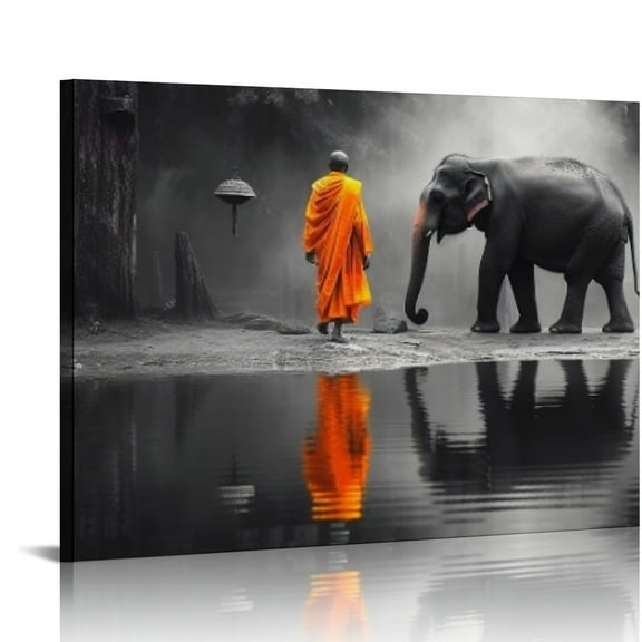 COMIO - Thai Elephant Canvas Wall Art Peaceful Monk Pictures Painting Zen Massage Room Wall Decoration Framed Artwork