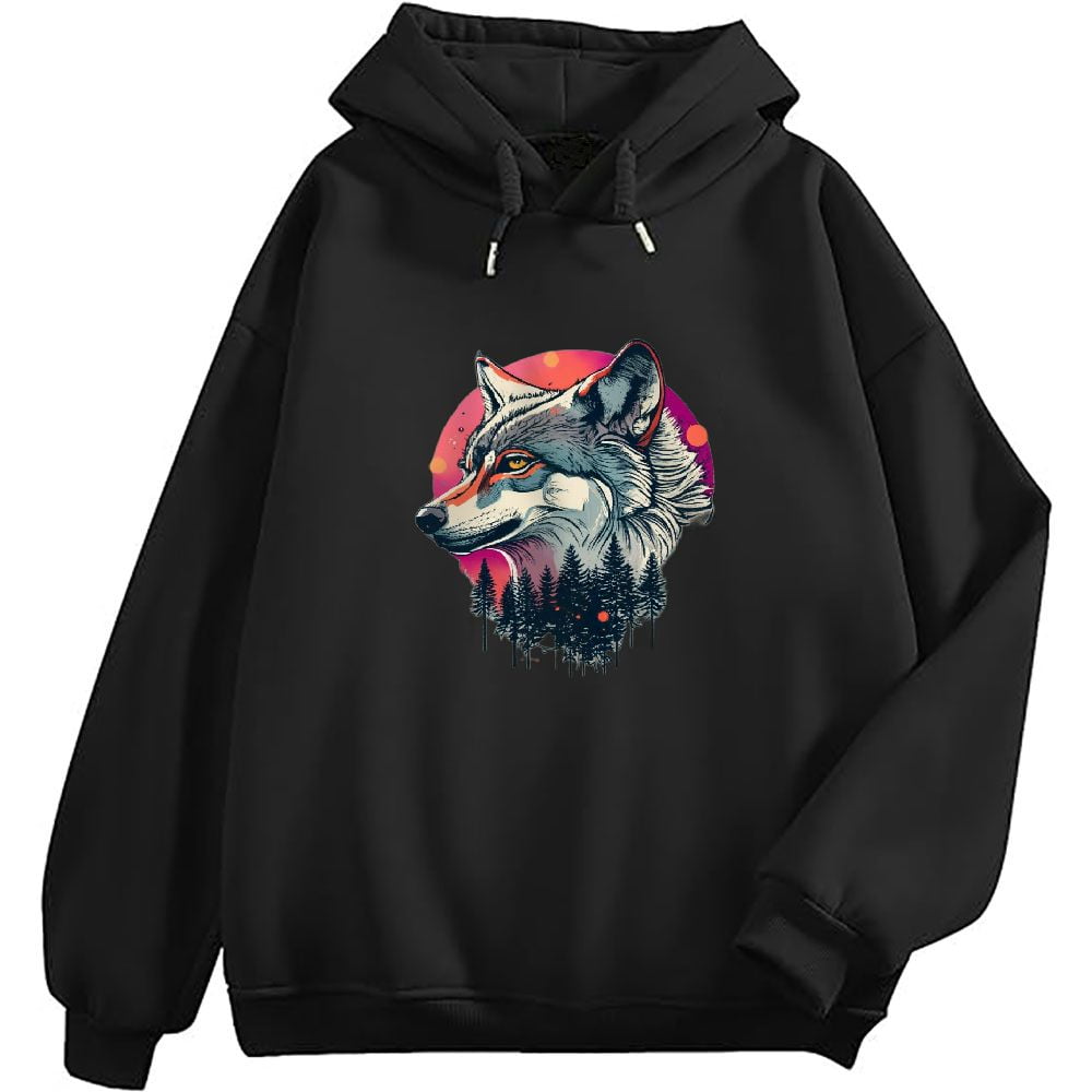 COMIO Thrasher Hoodie Men s Pullover Hoodie No Pocket A Male Wolf and a Coyote Wolf Animal T Shirt Watercolor Black Walmart