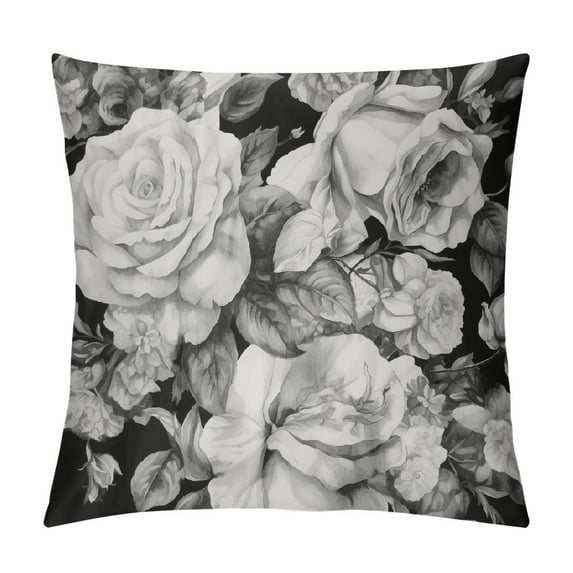 COMIO  Throw Pillow Cover Black and White with Floral Bouquet of Roses Daisy Blue Wild Flowers in Vintage Style Watercolor Decorative Pillow Case Home Decor Square Pillowcase