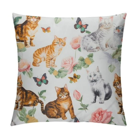 QZHH Throw Pillow Cover Cats and Butterflies Lovely Animal Cute Little Kitten Floral Peony Hand Painted Decor Lumbar Pillow Case Cushion for Sofa Couch Bed Standard Queen