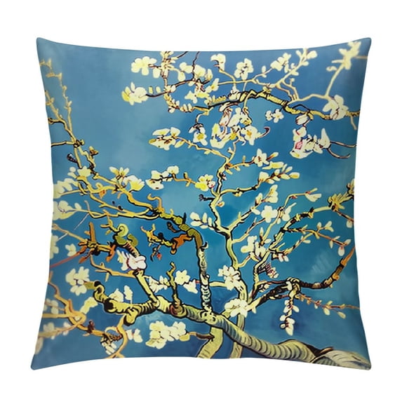 COMIO Throw Pillow Cover Famous Picture Van Gogh Painting Almond Blossom Flower Tree Branch Leaf Retro Rustic Style Decor Lumbar Pillow Case Cushion for Sofa Couch Bed Standard