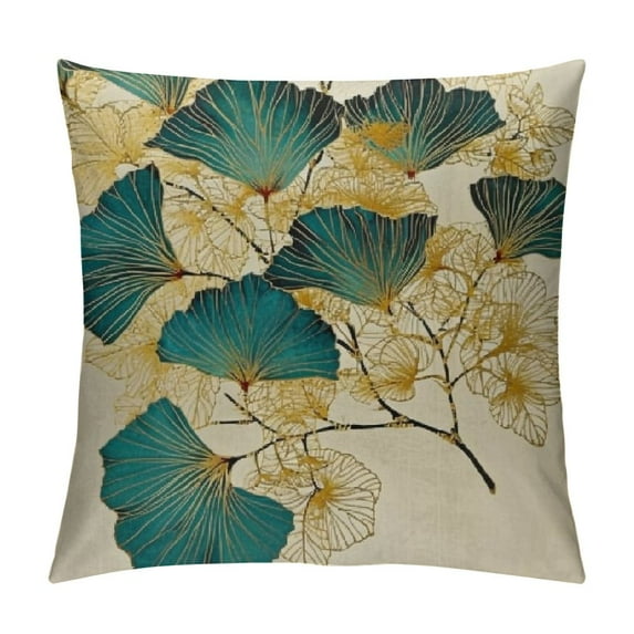 Throw Pillow Cover Green Plant Leaves Teal Pillow Cushion Cover Turquoise Ginkgo Leaf Cushion Case, Great for Sofa, Bedroom, Yard, Living Room Decor