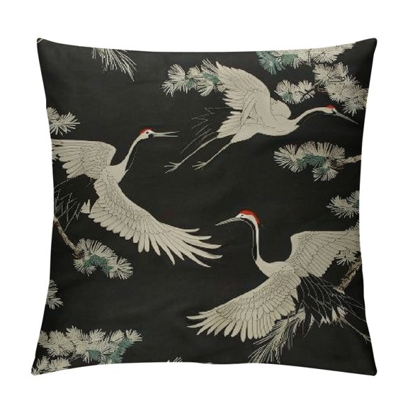 COMIO Throw Pillow Cover Japanese Bird Asian Dancing Oriental Crane Pine Tree Vintage Design Animal Square Pillow Case Cushion Cover for Home Car Decorative