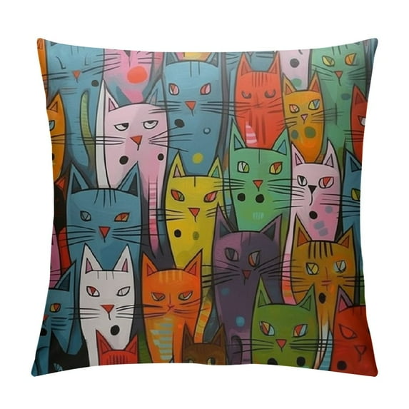 COMIO  Throw Pillow Cover Lovely Multicolor Cartoon Cats Decorative Throw Pillow Case Square Home Couch Bed Pillowcase