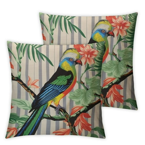 MLJA Throw Pillow Cover Parrot Bird Floral Exotic Tropical Plants Black and White Stripe Throw Pillow Covers for Couch Sofa Home Decor 2Pcs