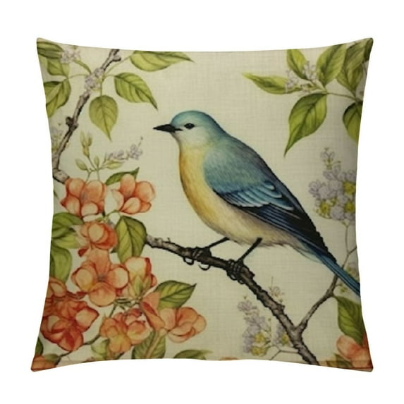 COMIO  Throw Pillow Cover Spring Vintage Watercolor Birds Flowers Green Plants Home Decor Pillowcase Square Cushion Cover for Sofa Bed Couch