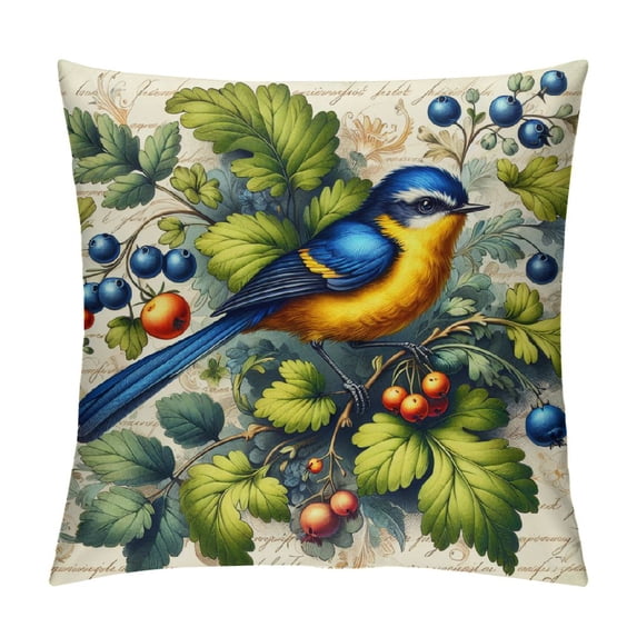 COMIO Throw Pillow Cover Spring Vintage Watercolor Birds Flowers Green Plants Home Decor Pillowcase Square Cushion Cover for Sofa Bed Couch