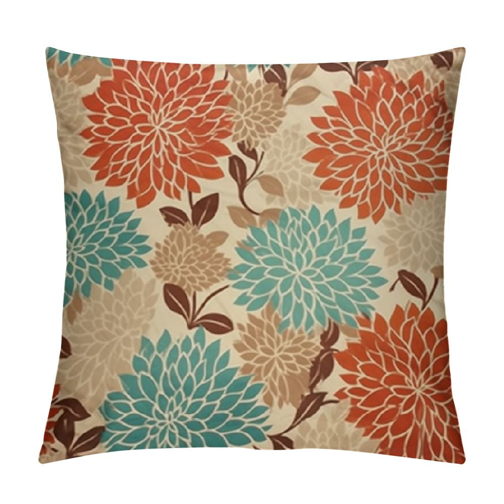 COMIO Throw Pillow Covers Elegant Orange Teal Cream Brown Peonies Print Pattern Popular Cushion