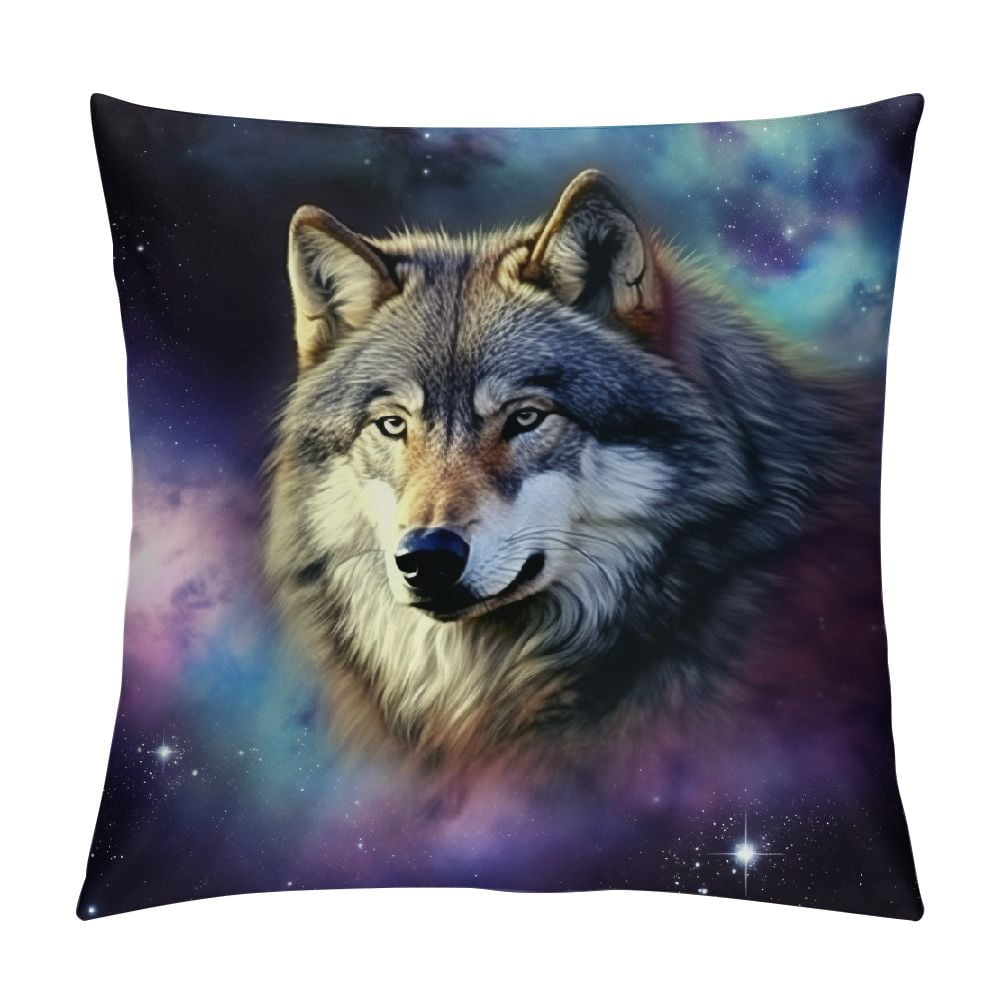 Grey Wolf Galaxy Faux Fur Pillow