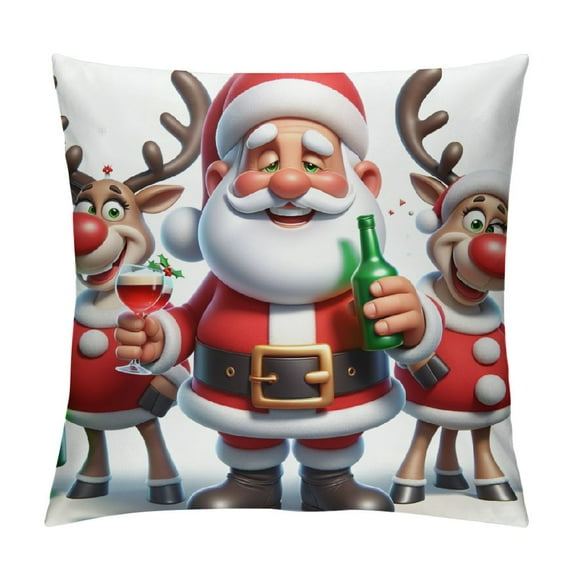 COMIO Throw Pillow Covers Santa Claus and Reindeer Christmas with Deer Holiday Party Beer Cartoon for Couch Living Room