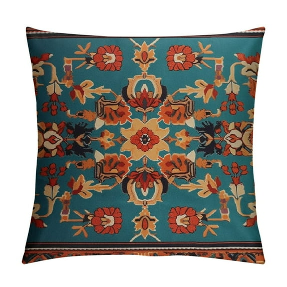 COMIO Throw Pillow Covers Tribal Abstract Turquoise and Yellow Vintage Carpet Pattern Decorative Pillow Cases Home Decor Standard Square Floral Pillowcases