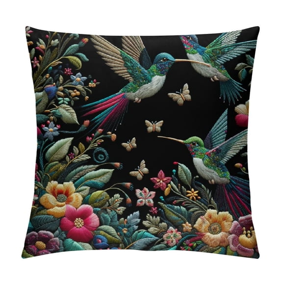 COMIO Throw Pillow Covers Vintage Hummingbird Butterfly with Flowers Design Square Pillowcase for Home Decor Sofa Car Bedroom Pillow case White