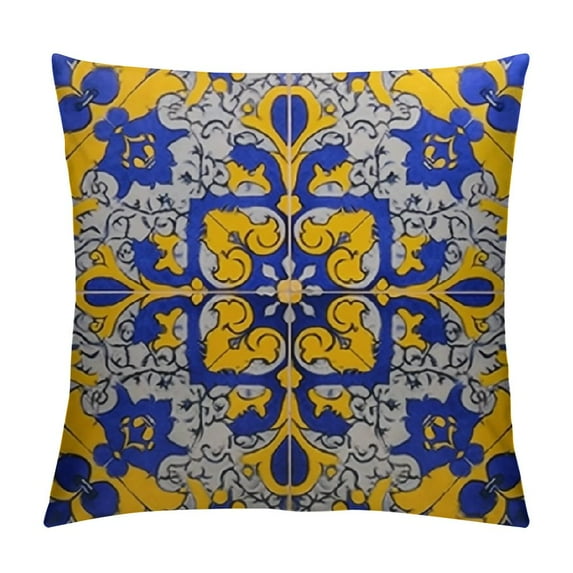 COMIO  Throw Pillows Cover  Watercolor Portuguese Azulejo Tiles Pottery Blue White Mediterranean Geo Vintage Andalusia Porcelain Cushion Case  for Fall Home Decor