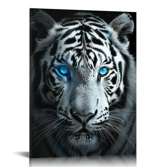 COMIO Tiger Canvas Wall Art, Black and White Tiger with Blue Eyes Painting Picture Motivational Wildlife Animal Poster Print for Kitchen Study Decor