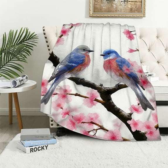 COMIO Traditional Painting of Birds on Peach Trees Lightweight Flannel Blanket (Universal 1) White