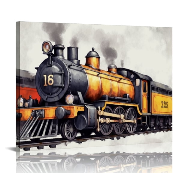 COMIO Train Print Watercolor Transportation Steam Locomotive Paintings Canvas Wall Art  Vehicle Poster Canvas Artwork Ready to Hang Home Nursery Decor (Yellow)