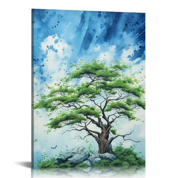 COMIO Tree Wall Art Teal Blue Nature Tree of Life Abstract Canvas Painting Textured Picture, Modern Panoramic Landscape Artwork Framed for Living Room Bedroom Office Home Decor, Extra Large