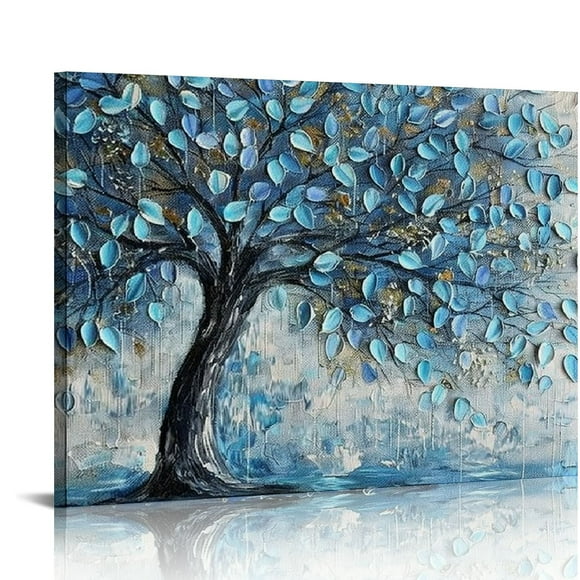 COMIO  Tree Wall Art Teal Blue Nature Tree of Life Abstract Canvas Painting Textured Picture, Modern Large Panoramic Landscape Artwork Framed for Living Room Bedroom Bathroom Office Home Decor