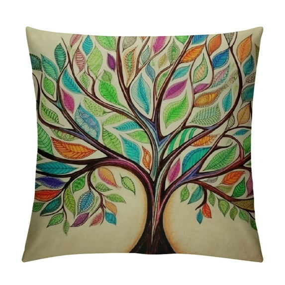 MLJA Tree of Life Decorative Throw Pillow Case Square Cushion Cover for Sofa Couch Chair Bed Home Living Room Decoration Brown Green Yellow