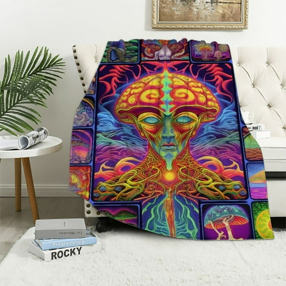 COMIO Trippy Mushroom Blanket Hippie Plant Throw Blankets for Couch Trippy Sherpa Blankets Soft Cotton Fuzzy Blanket Plush Blanket (Classic Purple)