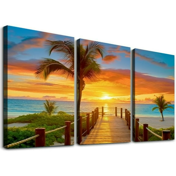 COMIO Tropical Beach Painting Decor, SZ Palm Tree Sunset Picture Canvas Wall Art, Ocean Canvas Prints for Bedroom, Ready to Hang, Waterproof 12''x16''X3 Panels