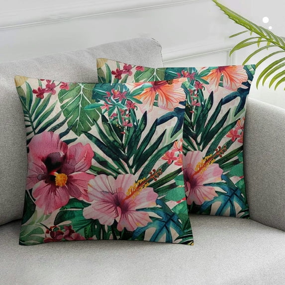 COMIO Tropical Flower Pillowcases,Watercolor Summer Hawaii Palm Tree Leaf and Tropical Flower Decorative Cushion Cover Cotton Linen Square Throw Pillow Cover White