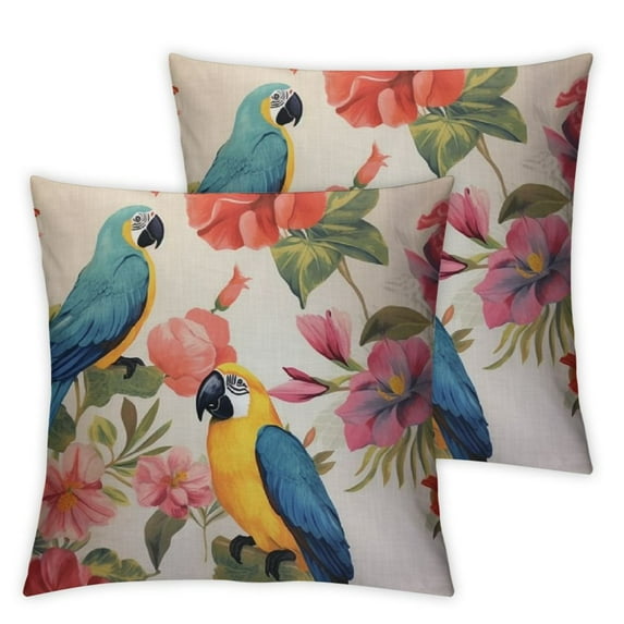 COMIO  Tropical Flowers and Birds Throw Pillow Cover Watercolor Parrot Botanical Plant Square Pillow Case Cushion Cover for Home Car Decorative 2pc