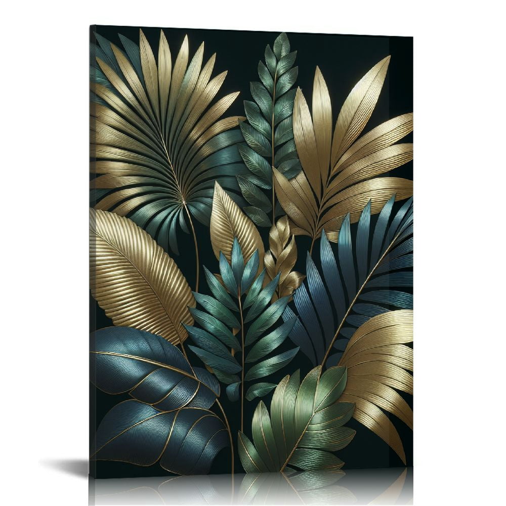 COMIO Tropical Leaf Wall Art Green and Gold Wall Decor for Living Room ...
