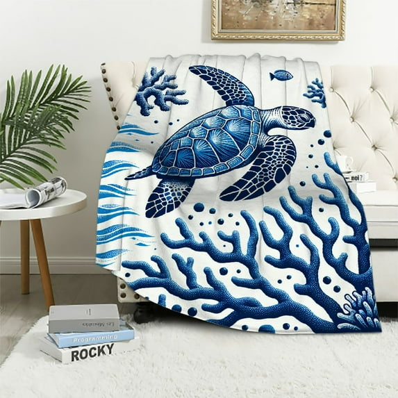 COMIO Turtle Sherpa Blanket White Blue Sea Hawaiian Turtle Throw Blanket Tortoise Plush Blanket Ocean Beach Theme Fuzzy Blanket Underwater Turtle Throw Blanket for Bed Sofa Couch Throw