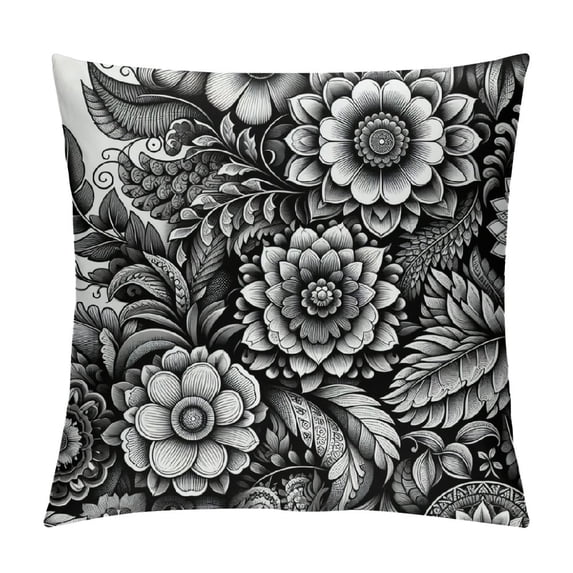 COMIO UPOOS Throw Pillow Cover Floral Vintage with Victorian Bouquet of Black Flowers on White Garden Roses Tulips Delphinium Petunia Decorative Pillow Case Home Decor Square Pillowcase White