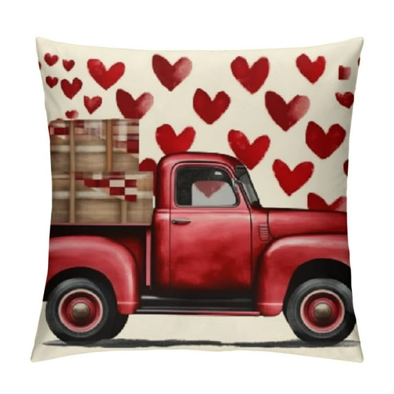 COMIO Valentines Day Pillow Covers, Farmhouse Heart Decorative Throw Pillow Covers Cushion of Red Black Check Love Truck, Buffalo Plaid Pillowcases for Valentines Day Decor