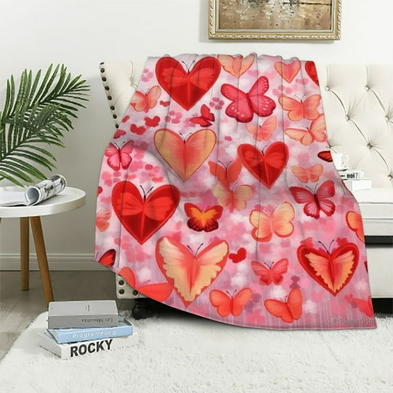COMIO Valentines' Day Throw Blanket, Romantic Love Heart Blanket Throw, Pink Cozy Flannel Blanket for Couch Bed Sofa, Soft Warm Bed Napping Blanket for Valentine's Home Decoration Gift,