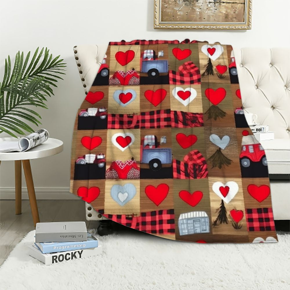 COMIO Valentines Day Throw Blanket Valentine's Day Love Heart Gnome Truck Red Black Buffalo