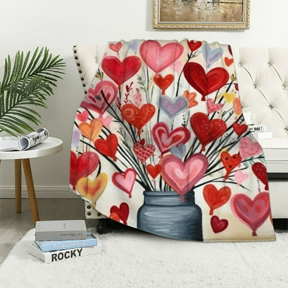 COMIO Valentines Day Vase Heart Balloon Flannel Fleece Blanket (Universal 1) Excellent Hand Feel White