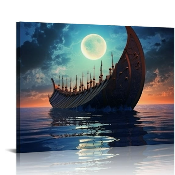 COMIO Vikings Ship Classical Wall Art Nordic Canvas Prints Seascape Oil Painting Vintage Wall Pictures for Living Room Scandinavian Home Decor