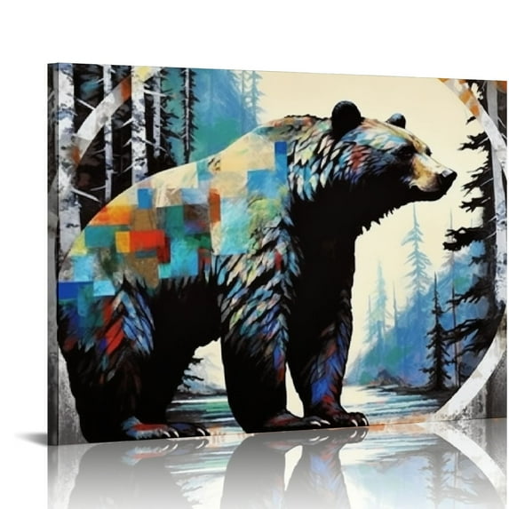 COMIO Vintage Bear Canvas Wall Art Abstract Geometric Animal Blue and Grey Painting Artwork for Home Bedroom Living Room Stretched and Framed Ready to Hang