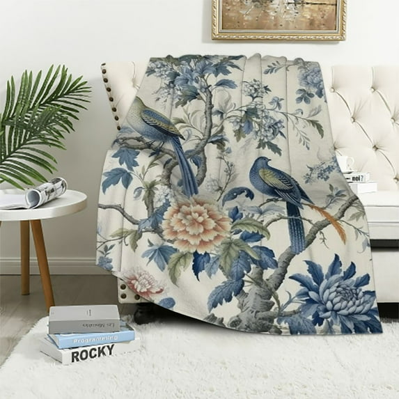 COMIO Vintage Blue Birds Flowers Farmhouse Flannel Material Blanket (Universal 1) White
