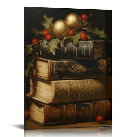 COMIO  Vintage Christmas Canvas Wall Art, Rustic Books Art Still Life Pictures for Wall, Merry Christmas Poster Winter Print, Xmas Dark Academia Decor Wall Decorations Gifts