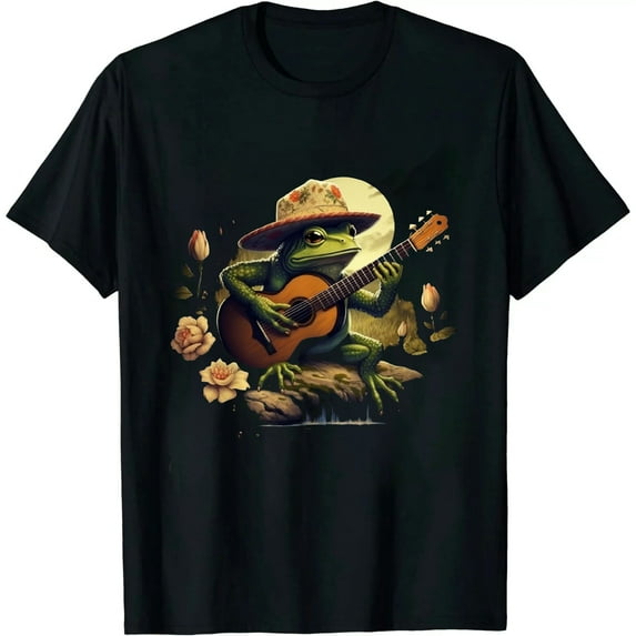 COMIO Vintage Cottagecore Aesthetic Frog Sunflower Playing Guitar T-Shirt