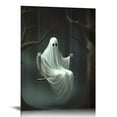 thumbnail image 1 of COMIO Vintage Cute Ghost Canvas Wall Art, Funny Ghost on A Swing in The Forest Aesthetic Poster, Creepy Spooky Abandoned Art Halloween Pictures, Gothic Dark Academia Wall Decor 16x20in, 1 of 4