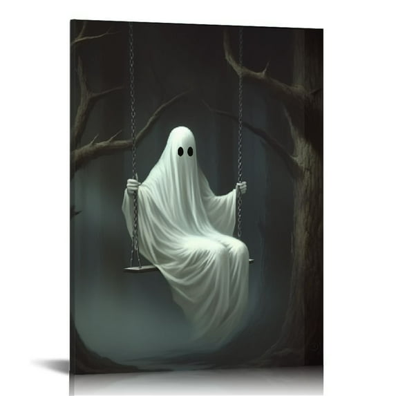 COMIO Vintage Cute Ghost Canvas Wall Art, Funny Ghost on A Swing in The Forest Aesthetic Poster, Creepy Spooky Abandoned Art Halloween Pictures, Gothic Dark Academia Wall Decor 16x20in