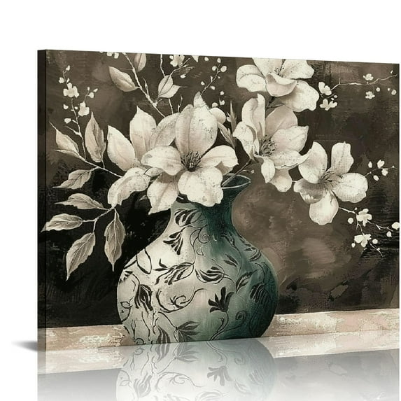 COMIO Vintage Floral Canvas Art Blue White Orchid Poppy Magnolia Vase Flower Painting Retro Artwork for Living Room Bedroom Gallery Wrap Ready to Hang