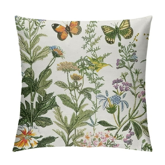 COMIO Vintage Floral Plant Pillow Covers, Botanical Wildflowers Herbs Throw Pillow Covers Butterfly Pillow Covers Square Cushion Covers for Couch Home Sofa Bedroom Living Room