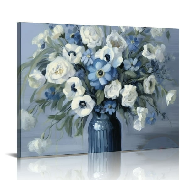 COMIO  Vintage Flowers Canvas Wall Art Blue White Blossom Canvas Painting Retro Flowers in Vase Canvas Pictures Blue Ocean Background Artwork Prints for Bathroom Bedroom Wall Decor