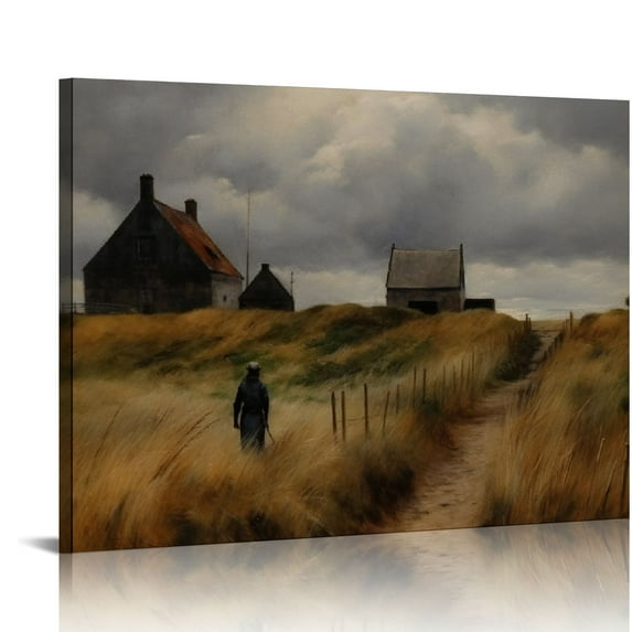 COMIO Vintage Framed Canvas Print Wall Art, Vintage Landscape Wall Art, Natural Scenery Vintage Wall Decor for Living Room, Office, 8x10in/20x25cm (Cottage in the Dunes)