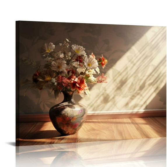 COMIO Vintage Framed Canvas Prints Wall Art,Roses in Vase Classical Oil Paintings for Wall Decorations,Rustic Framed Wall Art for Livingroom,Office,Bathroom-Natural Framed