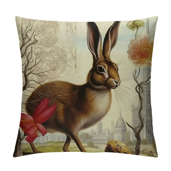 COMIO Vintage French Rabbit Throw Pillow Cover Botanical Flower Mushroom Spring Decorative Pillow Case Modern Home Decor Square Pillowcase (Retro Bunny)