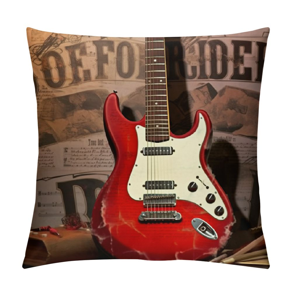 COMIO Vintage Guitar Throw Pillow Covers Red Guitar Rocked Music Quotes
